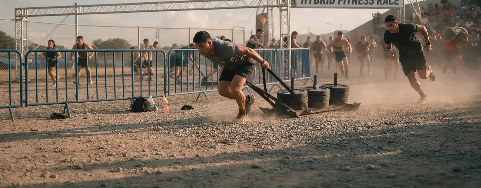 Deportistas empujando un trineo en una carrera híbrida