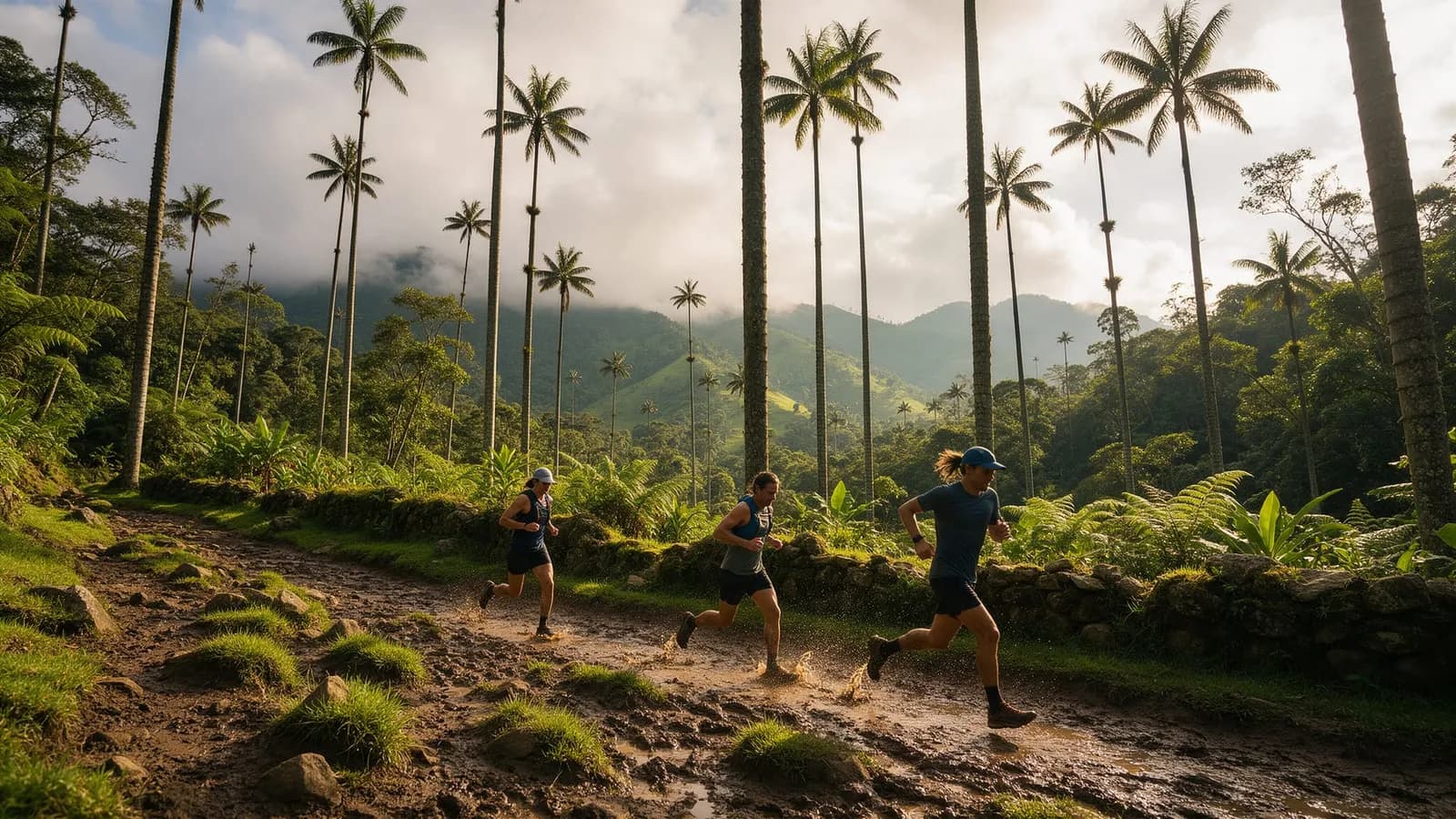 Corredores de trail entre palmas de cera en el Valle de Cocora