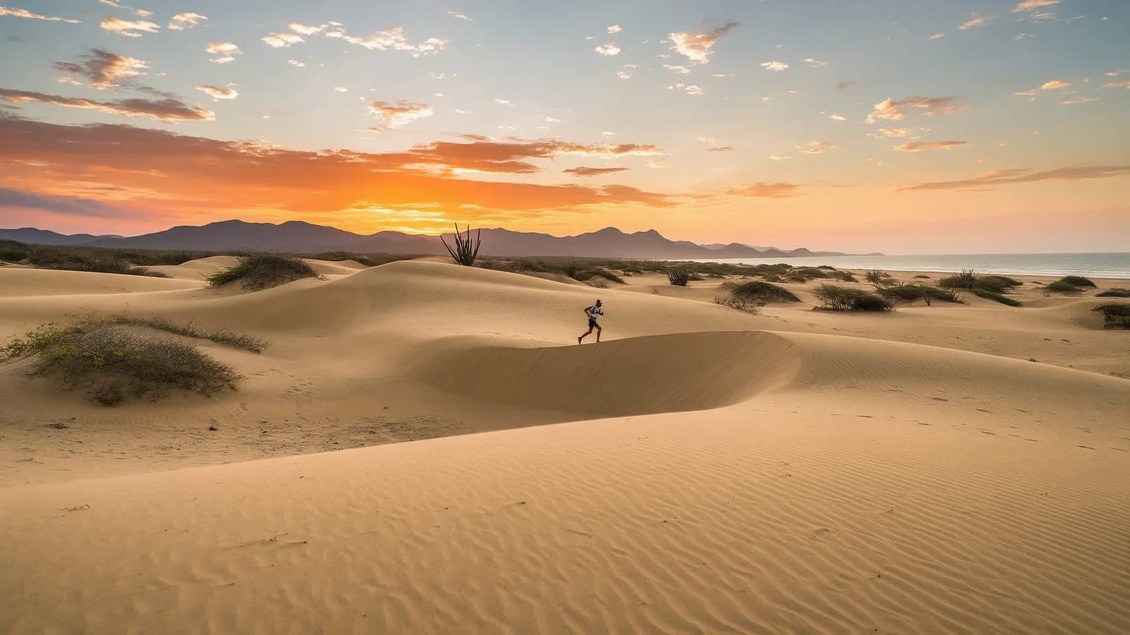Corredor cruzando las dunas de La Guajira al atardecer