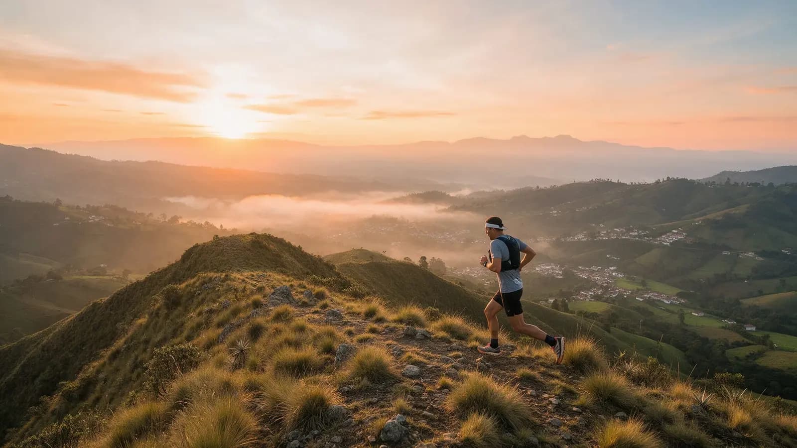 Corredora de montaña en un filo de los Andes al amanecer